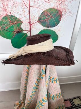 Vintage Anita Hopkins Wide Brim Brown Straw Sun Hat with Cream Scarf